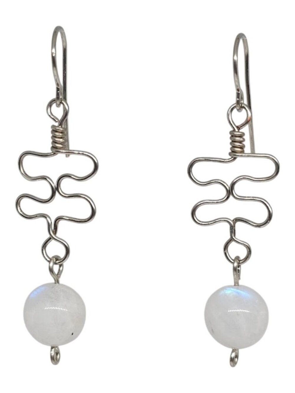 Handmade Rainbow Moonstone Gemstone Silver Puzzle Piece Wire Dangle Boho Earring